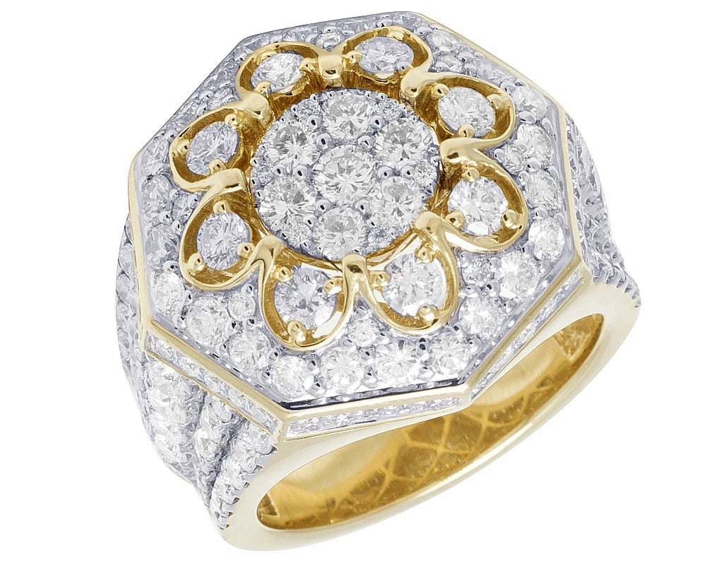 10K YELLOW GOLD 3D FLOWER CLUSTER DIAMOND PINKY RING: 10K Yellow Gold 3D Flower Cluster Diamond Pinky Ring Brand: None Type: Ring Material: 10K Yellow Gold, Main Stone/Creation Natural Color: Yellow Gold Size: 10 US Accessories: None Accessor