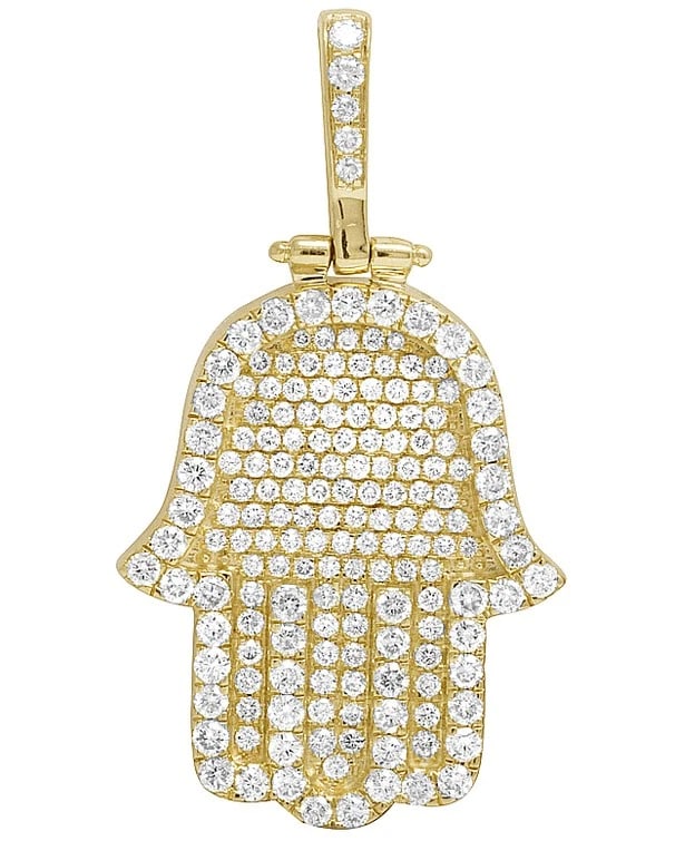 10K YELLOW GOLD DIAMOND ICED HAMSA PENDANT CHARM: 10K Yellow Gold Diamond Iced Hamsa Pendant Charm Brand: None Type: Pendant Material: 10K Yellow Gold, Main Stone/Creation Natural Color: Yellow Gold Size: Dimension 1.8" Accessories: None