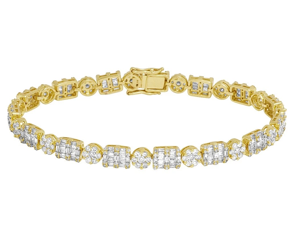 YELLOW GOLD FLOWER CLUSTER BAGUETTE DIAMOND BRACELET: Yellow Gold Flower Cluster Baguette Diamond Bracelet Brand: None Type: Bracelet Material: 10k Yellow Gold, Color: Yellow Gold Size: Dimension 6MM Width 8" length Accessories: None Accessor