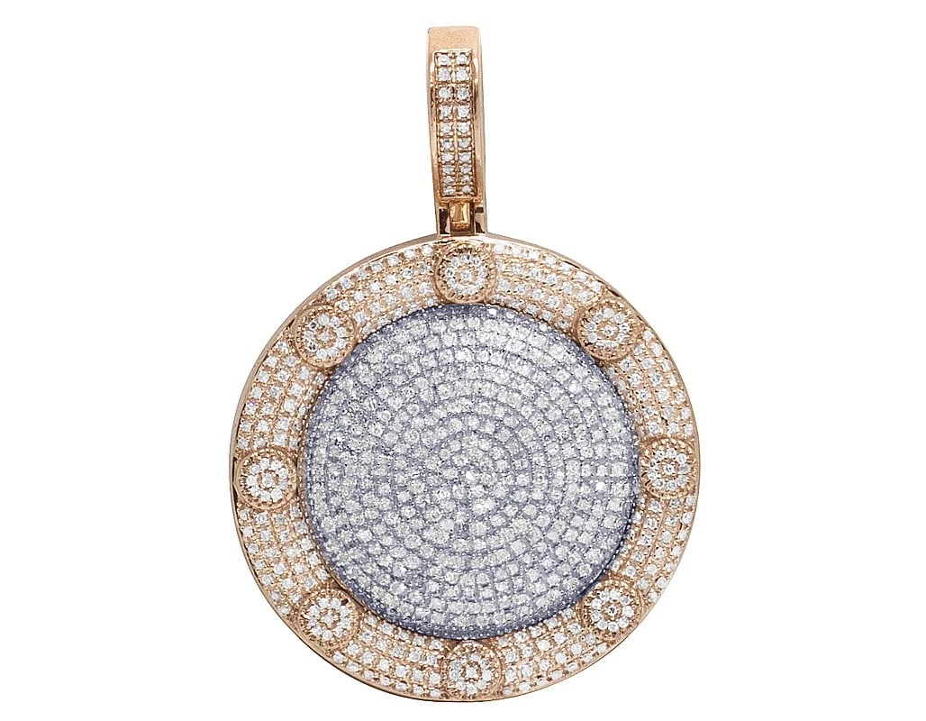 ROSE/ WHITE GOLD PILLOW DOME ROUND DIAMOND PENDANT: Rose/ White Gold Pillow Dome Round Diamond Pendant Brand: None Type: Pendant Material: 10k Rose/ White Gold, Main Stone/Creation Natural Color: Rose/ White Size: Dimension 1.8" Accessories: None <