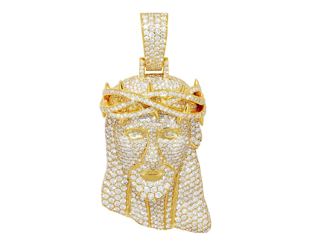 JESUS HEAD DIAMOND PENDANT 10K YELLOW GOLD: Jesus Head Diamond Pendant 10k Yellow Gold Brand: None Type: Pendant Material: 10k Yellow Gold, Main Stone/Creation Natural Color: Yellow Gold Size: Dimension 3.5" x 1.5" Accessories: None