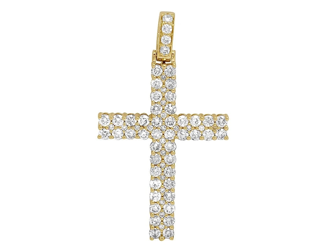 14K YELLOW GOLD 2 ROWS DIAMOND PRONG PENDANT CHARM: 14K Yellow Gold 2 Rows Diamond Prong Pendant Charm Brand: None Type: Pendant Material: 14K Yellow Gold, Main Stone/Creation Natural Color: Yellow Gold Size: Dimension 1.94" Accessories: None <