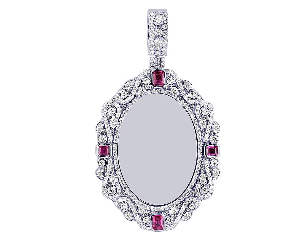 ETERNAL BLOSSOM DIAMOND SWIVEL OVAL MEMORY PENDANT: Eternal Blossom Diamond Swivel Oval Memory Pendant Brand: None Type: Pendant Material: 10k White Gold, Main Stone/Creation Natural Color: White Gold Size: Dimension L 2" , W 1.1" Accessories: None
