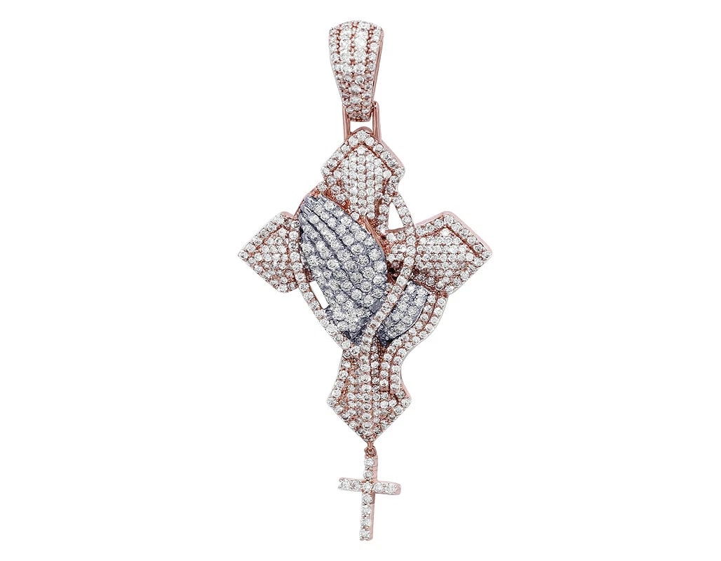 CROSS WITH PRAYING HAND DIAMOND PENDANT: Cross With Praying Hand Diamond Pendant Brand: None Type: Pendant Material: 10k Multi-Tone Gold, Main Stone/Creation Natural Color: Multi-Tone Size: Dimension(s) 3" x 1.5" x 5mm Accessories: None