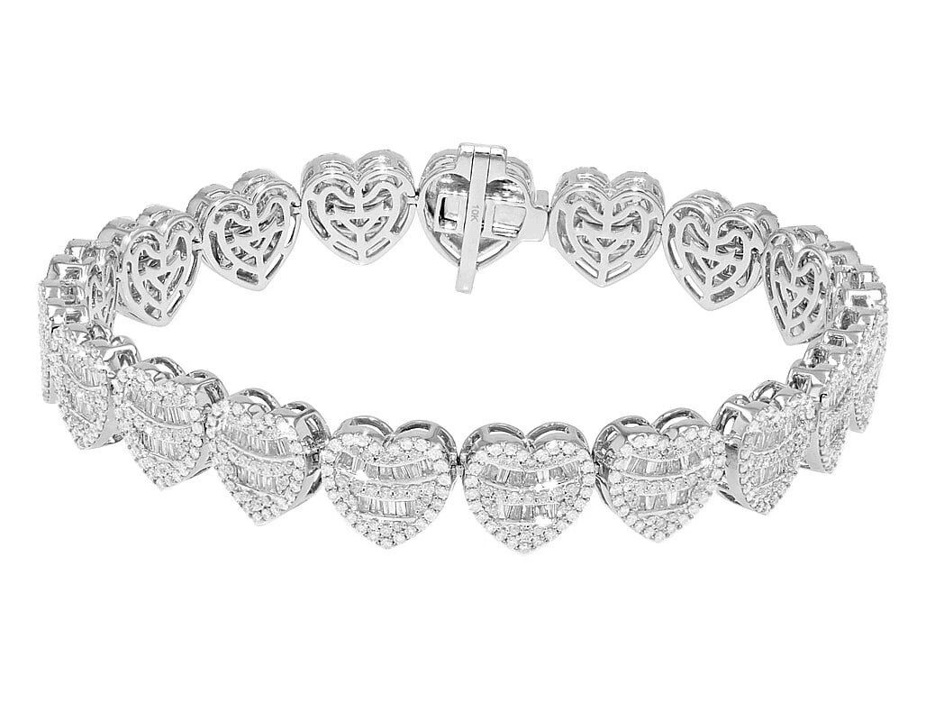 HEART-SHAPED BAGUETTE DIAMOND TENNIS 10K GOLD BRACELET: Heart-Shaped Baguette Diamond Tennis 10k Gold Bracelet Brand: None Type: Bracelet Material: 10K White Gold, Color: White Gold Size: Dimension L 8" x W 10mm Accessories: None Accessories No