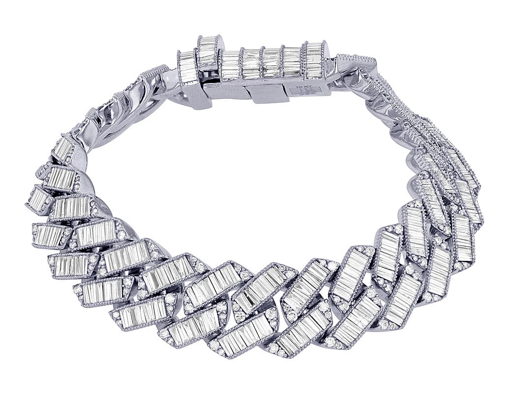 BAGUETTE GLASS CUBAN DIAMOND BRACELET 10K WHITE GOLD (1 of 2)