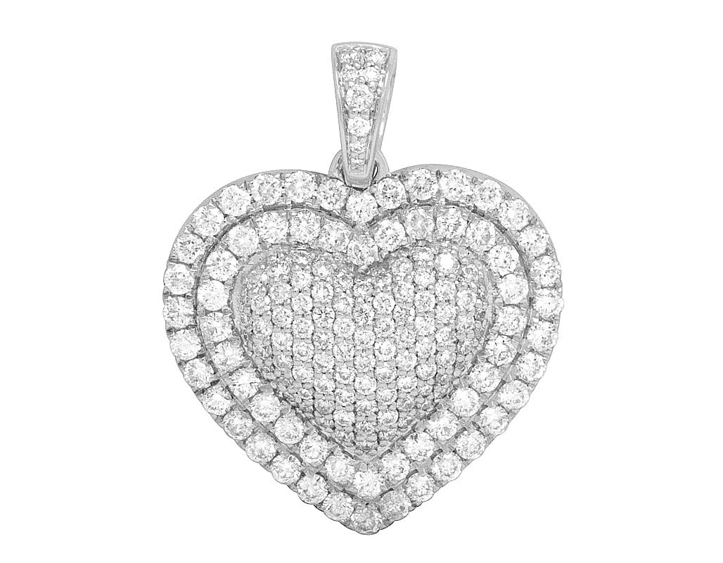 14K WHITE GOLD PUFFED HEART TWO-ROW BORDER PENDANT CHARM: 14K White Gold Puffed Heart Two-Row Border Pendant Charm Brand: None Type: Pendant Material: 14K White Gold, Main Stone/Creation Natural Color: White Gold Size: Dimension 1" Accessories: None