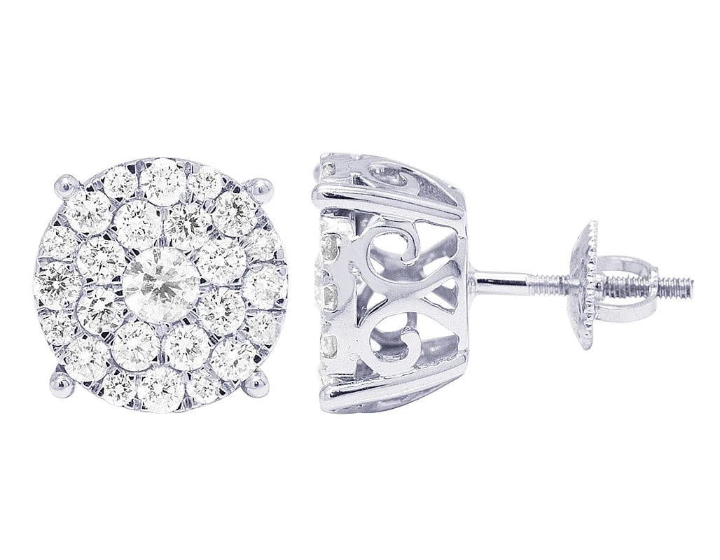 4 PRONG DOUBLE HALO FLOWER CLUSTER DIAMOND STUD EARRINGS: 4 Prong Double Halo Flower Cluster Diamond stud Earrings Brand: None Type: Earrings Material: 10K White Gold, Main Stone/Creation Natural Color: White Gold Size: Dimension 13MM Accessories: None <