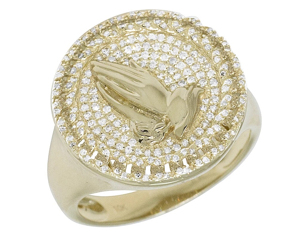 10K YELLOW GOLD PRYING HANDS DIAMOND PINKY RING: 10k Yellow Gold Prying Hands Diamond Pinky Ring Brand: None Type: Ring Material: 10k Yellow Gold, Main Stone/Creation Natural Color: Yellow Gold Size: 10 US Accessories: None Accessories N