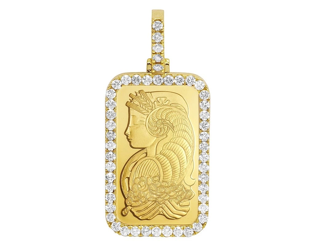 MENS 24K YELLOW GOLD FORTUNA BAR FRAME DIAMOND PENDANT: Mens 24K Yellow Gold Fortuna Bar Frame Diamond Pendant Brand: None Type: Pendant Material: 24K Yellow Gold, Main Stone/Creation Natural Color: Yellow Gold Size: Dimension 2.5 Accessories: None