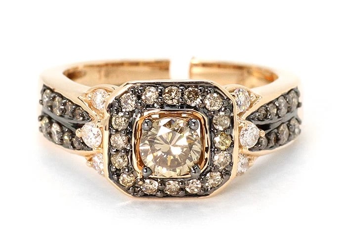 14K ROSE GOLD ROUND DIAMOND HALO BROWN COGNAC RING: 14k Rose Gold Round Diamond Halo Brown Cognac Ring Brand: None Type: Ring Material: 14k Rose Gold, Main Stone/Creation Natural Color: Rose Gold Size: 7 US Accessories: None Accessories Not