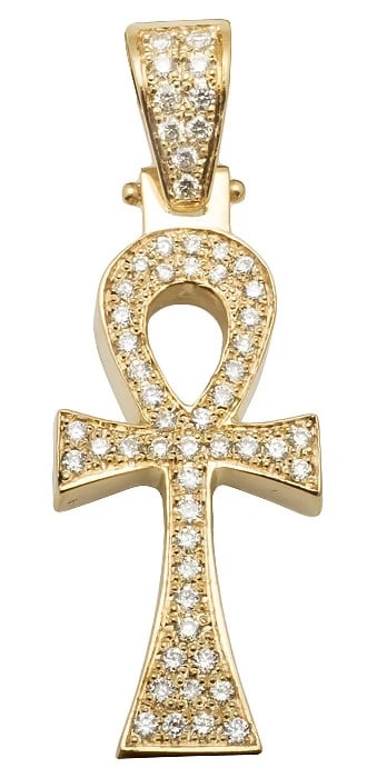 14K YELLOW GOLD ANKH SOLID BACK GENUINE DIAMOND PENDANT: 14K Yellow Gold Ankh Solid Back Genuine Diamond Pendant Brand: None Type: Pendant Material: 14K Yellow Gold, Main Stone/Creation Natural Color: Yellow Gold Size: Dimension 16MMX42MM (approx 1.5")