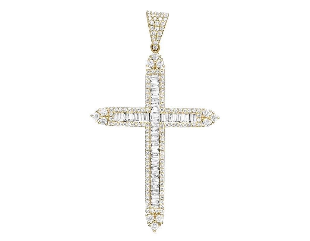 MENS BAGUETTE DIAMONDS LATIN CROSS PENDANT 10K YELLOW GOLD: Mens Baguette Diamonds Latin Cross Pendant 10K Yellow Gold Brand: None Type: Pendant Material: 10K Yellow Gold, Main Stone/Creation Natural Color: Yellow Gold Size: Dimension 2.5" Accessories: Non