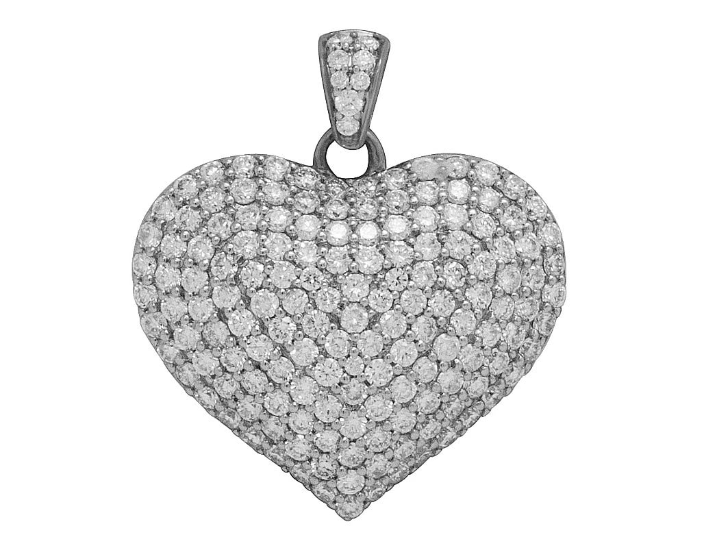 LADIES DIAMOND PUFF HEART PENDANT CHARM IN 10K WHITE GOLD: Ladies Diamond Puff Heart Pendant Charm In 10K White Gold Brand: None Type: Pendant Material: 10K White Gold, Main Stone/Creation Natural Color: White Gold Size: Dimension 1" x 0.75" Accessories: