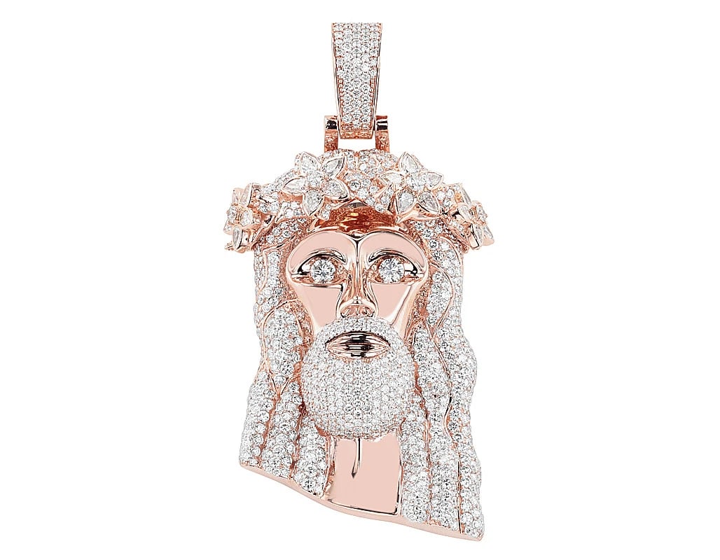 PEAR-CUT FLORAL CROWN DIAMOND JESUS PENDANT: Pear-cut Floral Crown Diamond Jesus Pendant Brand: None Type: Pendant Material: 10K Rose Gold, Main Stone/Creation Natural Color: Rose Gold Size: Dimension L 3.3" , W 1.5" Accessories: None