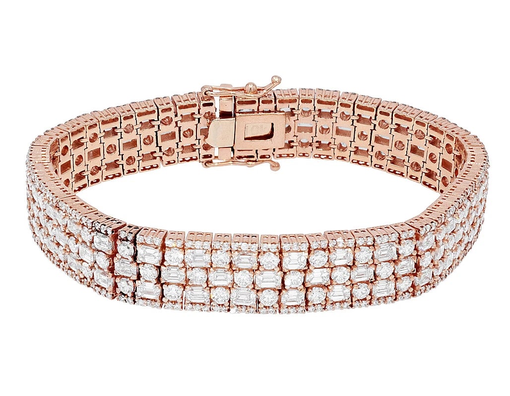 EMERALD-CUT DIAMOND TENNIS BRACELET 10K ROSE GOLD: Emerald-Cut Diamond Tennis Bracelet 10K Rose Gold Brand: None Type: Bracelet Material: 10K Rose Gold, Main Stone/Creation Natural Color: Rose Gold Size: Dimension L 8" x W 12mm Accessories: None <
