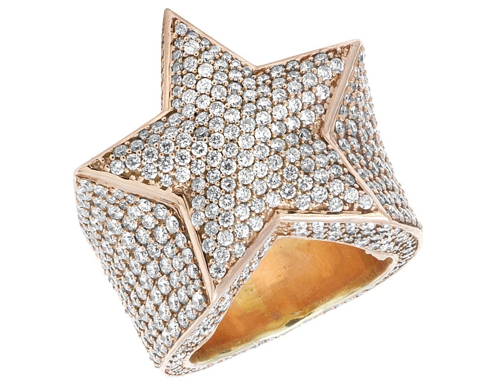 10K ROSE GOLD DIAMOND 3D ICED SUPER STAR PINKY RING: 10K Rose Gold Diamond 3D Iced Super Star Pinky Ring Brand: None Type: Ring Material: 10K Rose Gold, Main Stone/Creation Natural Color: Rose Gold Size: 9 US Accessories: None Accessories No