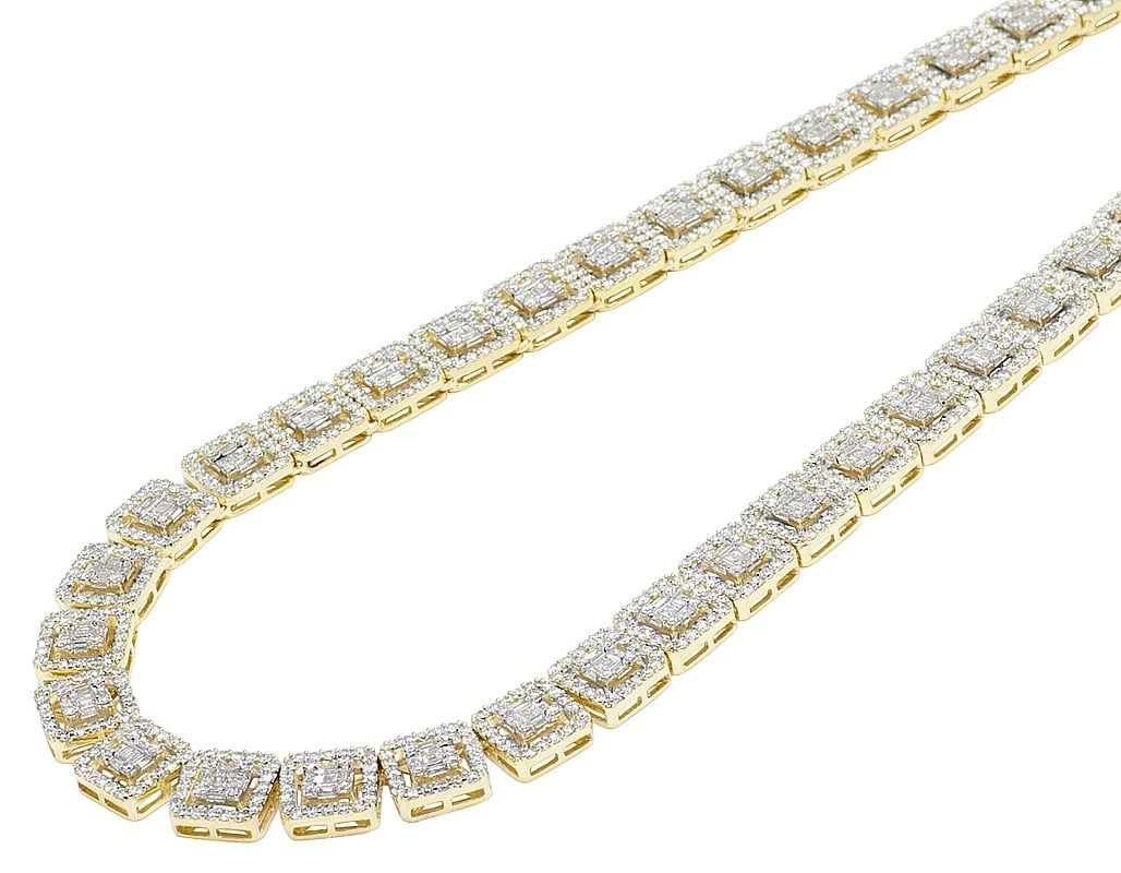 YELLOW/ WHITE GOLD HALO SQUARE BAGUETTE DIAMOND NECKLACE: Yellow/ White Gold Halo Square Baguette Diamond Necklace Brand: None Type: Necklace Material: 10k Yellow/ White Gold, Main Stone/Creation Natural Color: Yellow/ White Gold Size: Length 19" Width 10mm 