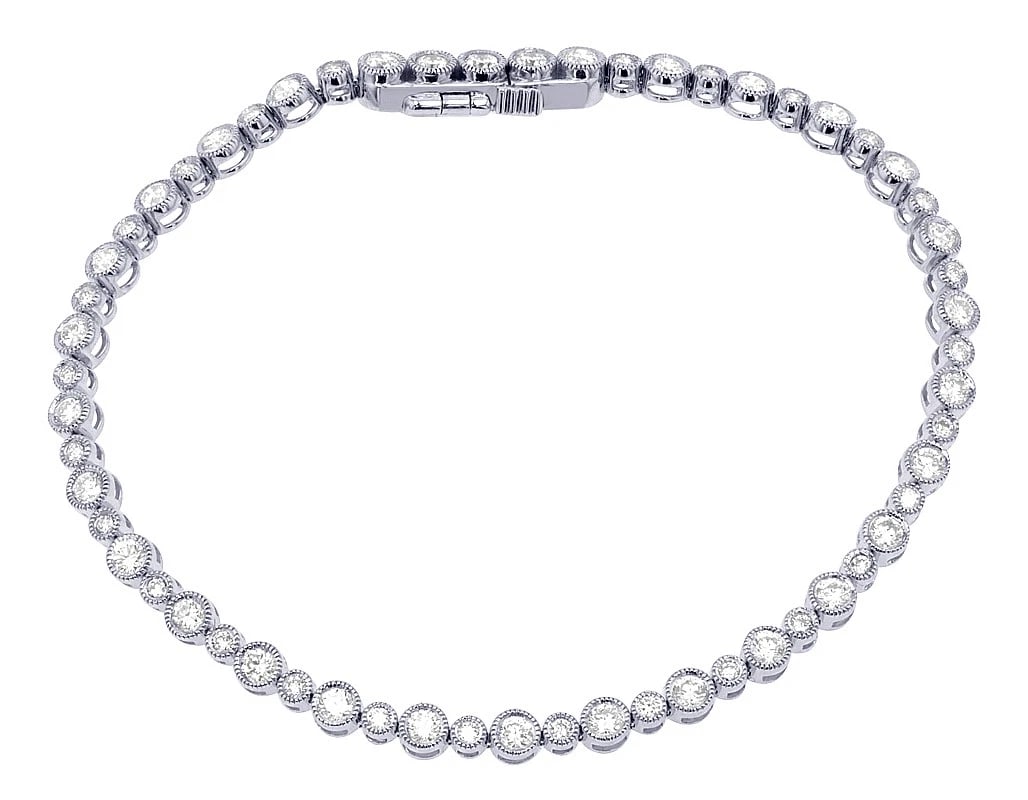 BEZEL-SET DIAMOND TENNIS BRACELET 14K WHITE GOLD: Bezel-Set Diamond Tennis Bracelet 14K White Gold Brand: None Type: Bracelet Material: 14K White Gold, Main Stone/Creation Natural Color: White Gold Size: Length 7" ,Width 3.2 MM Accessories: None