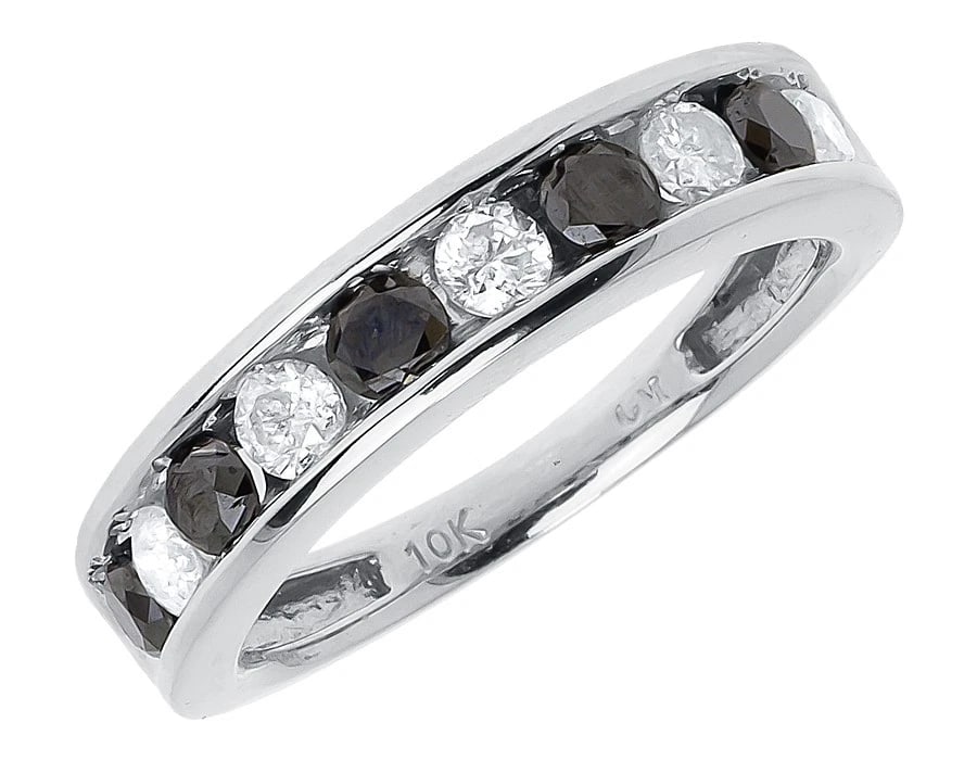 10K WHITE GOLD BLACK WHITE DIAMOND BAND RING: 10k White Gold Black White Diamond Band Ring Brand: None Type: Ring Material: 10k White Gold, Main Stone/Creation Natural Color: White Gold Size: 7 US Accessories: None Accessories Notice: