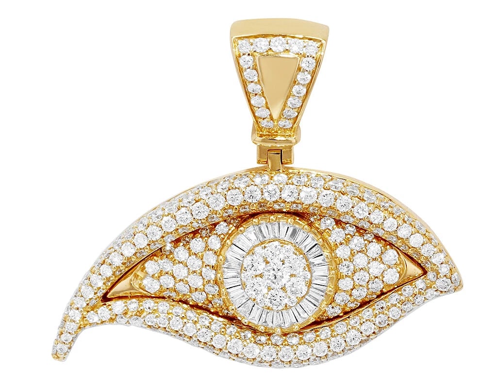 LADIES DIAMOND EVIL EYE PENDANT 10K YELLOW GOLD: Ladies Diamond Evil Eye Pendant 10K Yellow Gold Brand: None Type: Pendant Material: 10K Yellow Gold, Main Stone/Creation Natural Color: Yellow Gold Size: Dimension L1.4" x W 1.5" Accessories: None