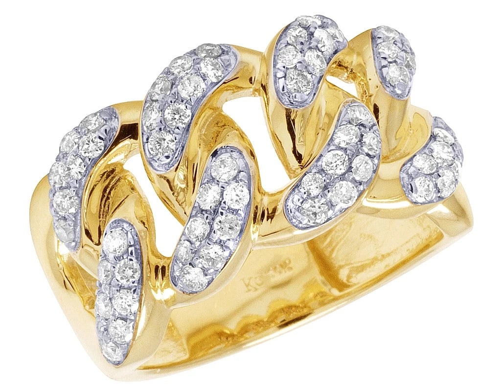 DIAMOND CUBAN LINK 10K YELLOW GOLD BAND RING: Diamond Cuban Link 10K Yellow Gold Band Ring Brand: None Type: Ring Material: 10K Yellow Gold, Main Stone/Creation Natural Color: Yellow Gold Size: 10 US Accessories: None Accessories Noti