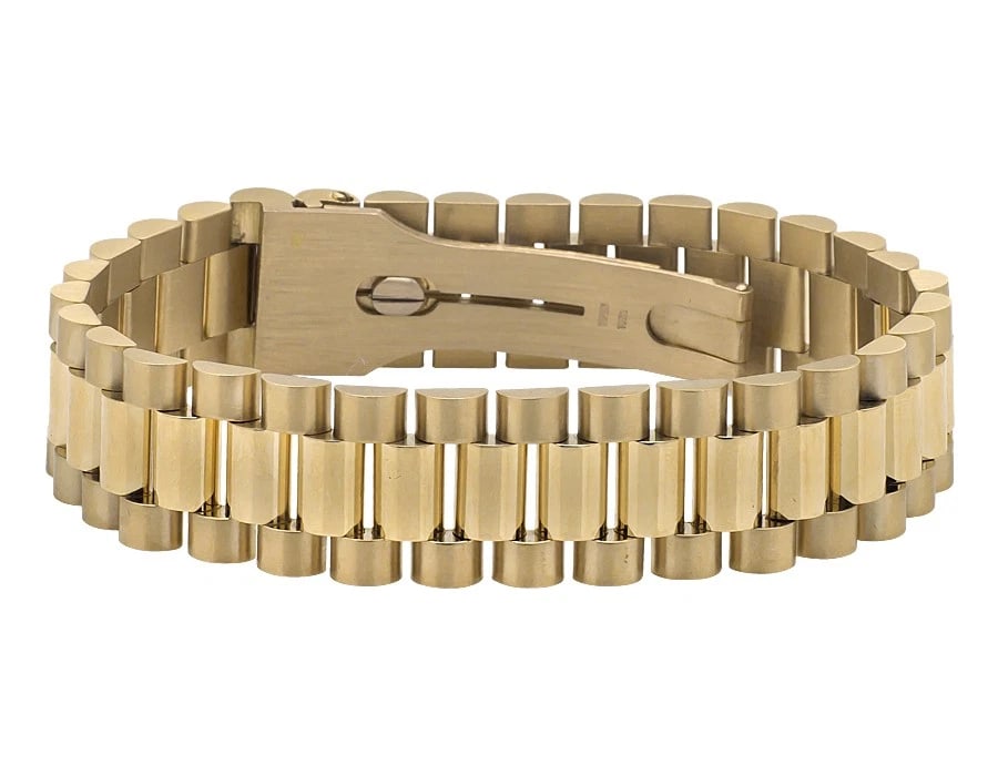 MENS 14K YELLOW GOLD SOLID LINK DESIGNER BRACELET: Mens 14K Yellow Gold Solid Link Designer Bracelet Brand: None Type: Bracelet Material: 14K Yellow Gold, Color: Yellow Gold Size: Length 8.5 in Width 16mm Accessories: None Accessories Noti