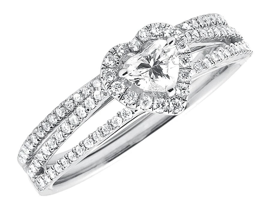 14K WHITE GOLD BRIDAL HEART DIAMOND SPLIT SHANK RING: 14k White Gold Bridal Heart Diamond Split Shank Ring Brand: None Type: Ring Material: 14K White Gold, Main Stone/Creation Natural Color: White Gold Size: 7 US Accessories: None Accessories Notice: