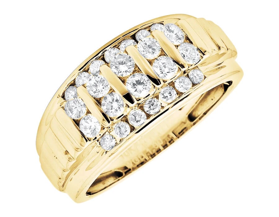 10K YELLOW GOLD CHANNEL SET ROUND DIAMOND STEP RING: 10K Yellow Gold Channel Set Round Diamond Step Ring Brand: None Type: Ring Material: 10K Yellow Gold, Main Stone/Creation Natural Color: Yellow Gold Size: 10 US Accessories: None Accessories Notice: