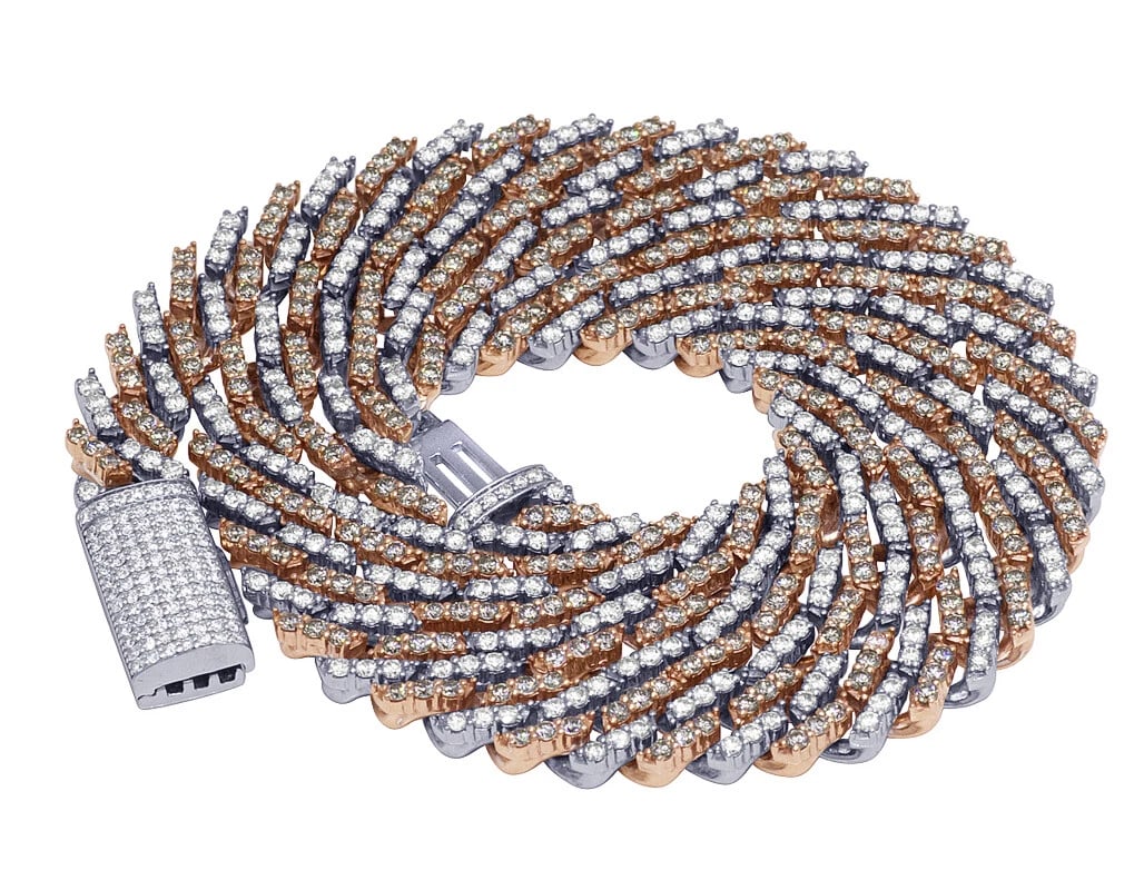 10K TWO TONE GENUINE DIAMOND PRONG MIAMI CUBAN NECKLACE: 10K Two Tone Genuine Diamond Prong Miami Cuban Necklace Brand: None Type: Necklace Material: 10k Multi-Tone Gold, Main Stone/Creation Natural Color: Multi-Tone Size: Length 20 in Width 10mm