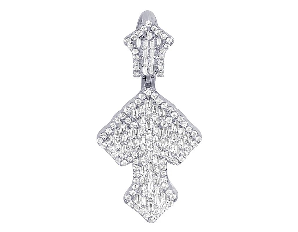 MULTI ROW BAGUETTE CROSS DIAMOND PENDANT WHITE GOLD: Multi Row Baguette Cross Diamond Pendant White Gold Brand: None Type: Pendant Material: 10K White Gold, Main Stone/Creation Natural Color: White Gold Size: Dimension L 1.7" , W 0.8" Accessories: None
