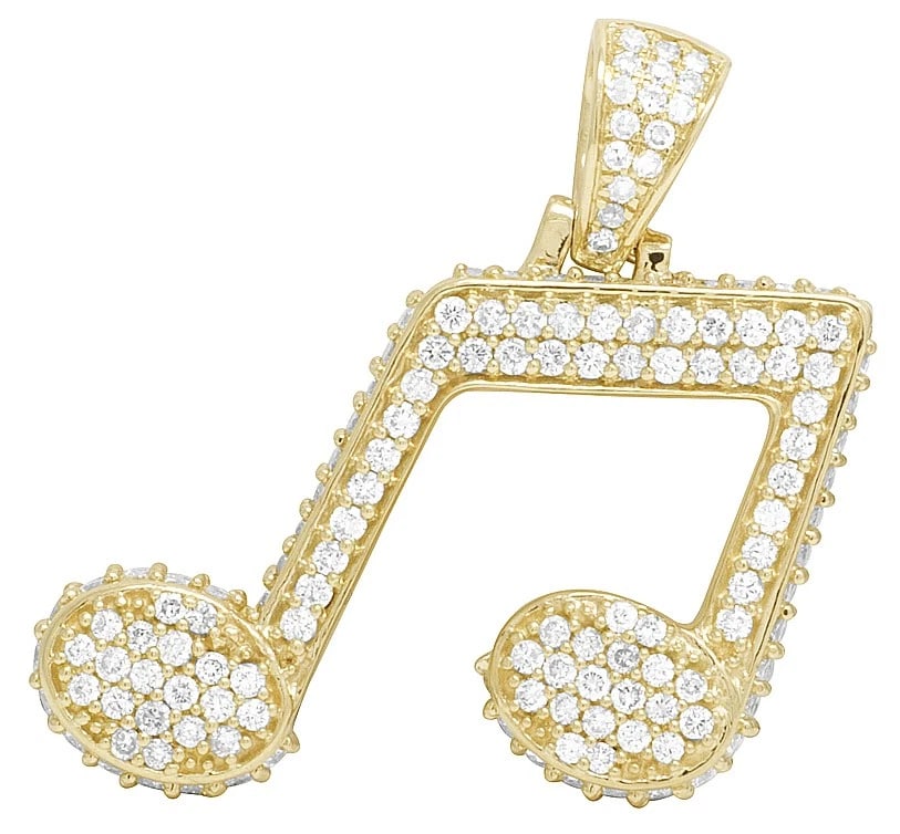 MENS 10K YELLOW GOLD 3D ICED MUSIC DIAMOND PENDANT: Mens 10K Yellow Gold 3D Iced Music Diamond Pendant Brand: None Type: Pendant Material: 10K Yellow Gold, Main Stone/Creation Natural Color: Yellow Gold Size: Dimension 1.4 inches Accessories: None