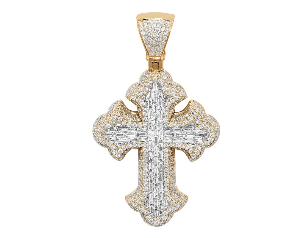 BAGUETTE DIAMOND FLARE CROSS PENDANT: Baguette Diamond Flare Cross Pendant Brand: None Type: Pendant Material: 14K Yellow Gold, Main Stone/Creation Natural Color: Yellow Gold Size: Dimension L1.6" x W 24mm Accessories: None Accessories