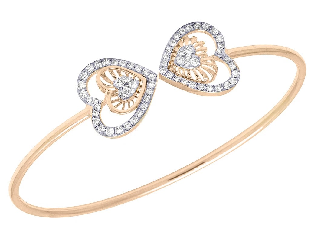 DOUBLE HEARTS DIAMOND BANGLE 14K ROSE GOLD: Double Hearts Diamond Bangle 14K Rose Gold Brand: None Type: Bracelet Material: 14K Rose Gold, Main Stone/Creation Natural Color: Rose Gold Size: Dimension 15mm Width 2mm Accessories: None