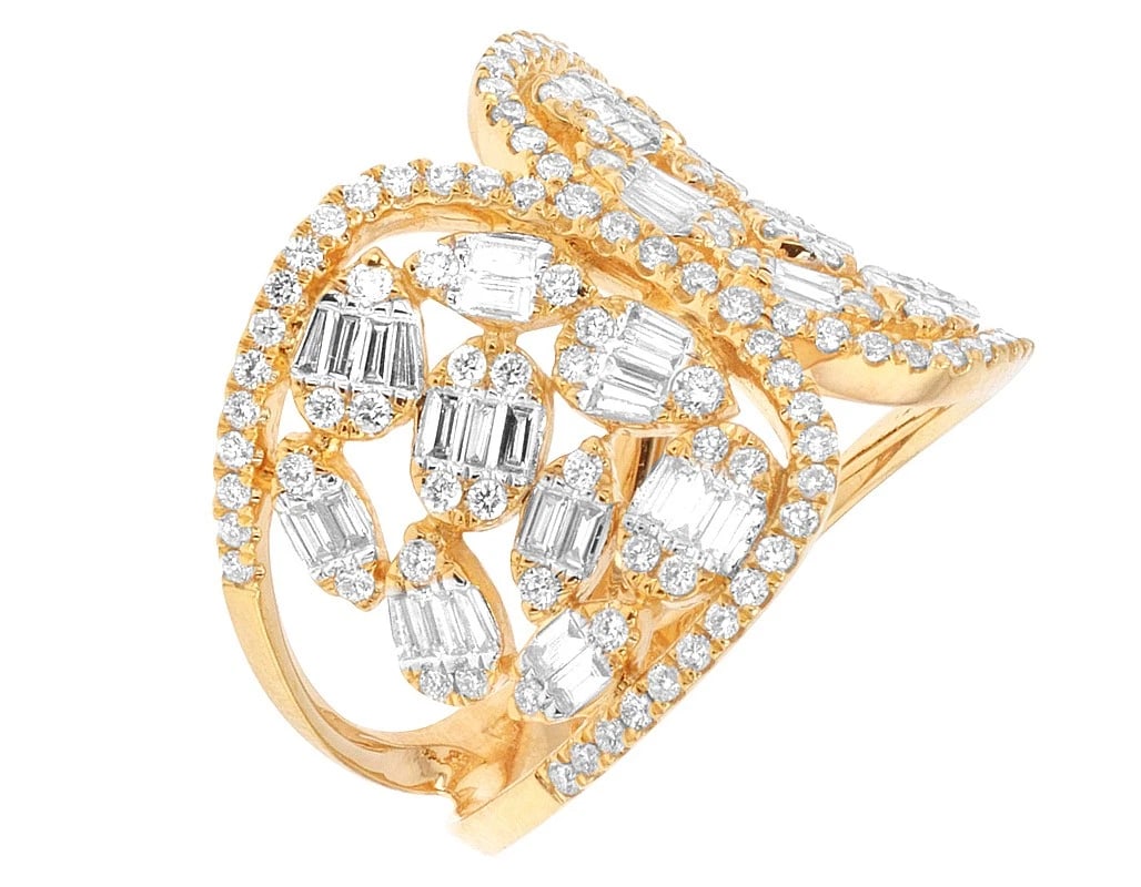 WIDE LOOP BUTTERFLY DIAMOND RING MULTI-SHAPE BAGUETTE: Wide Loop Butterfly Diamond Ring Multi-Shape Baguette Brand: None Type: Ring Material: 14k Yellow Gold, Main Stone/Creation Natural Color: Yellow Gold Size: 7 US Accessories: None Accessor