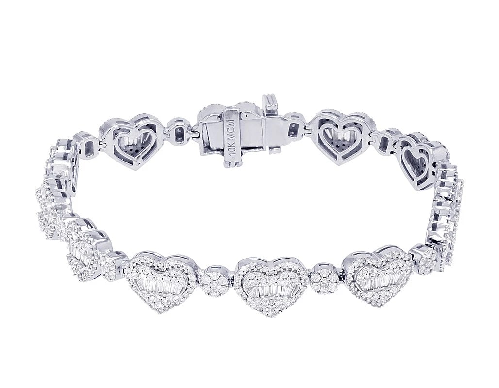 HEART-SHAPED BAGUETTE DIAMOND 10K WHITE GOLD BRACELET: Heart-Shaped Baguette Diamond 10k White Gold Bracelet Brand: None Type: Bracelet Material: 10k White Gold, Main Stone/Creation Natural Color: White Gold Size: Dimension L 7" x W 8mm Accessories: None