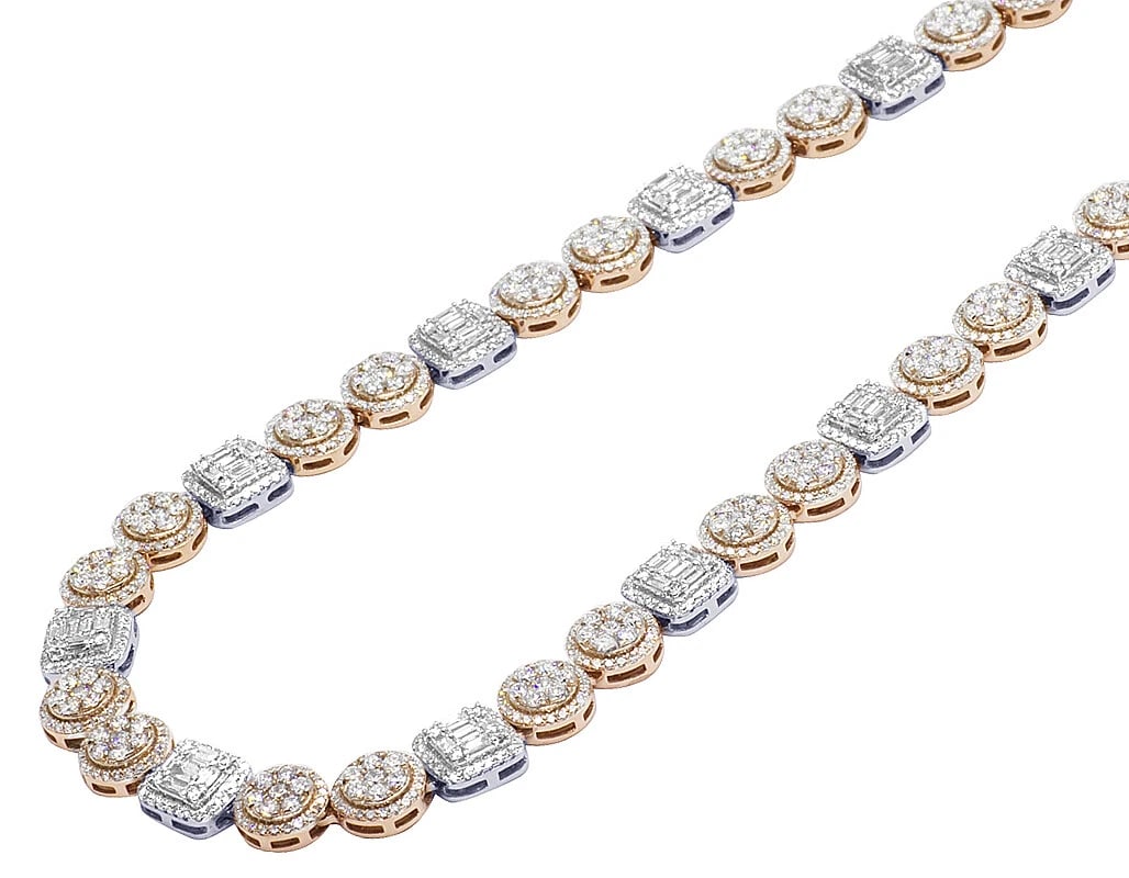 14K TWO TONE ROSE WHITE GOLD BAGUETTE FLOWER CLUSTER HALO CHAIN: 14K Two Tone Rose White Gold Baguette Flower Cluster Halo Chain Brand: None Type: Necklace Material: 14k Rose-White Gold, Main Stone/Creation Natural Color: Rose Gold Size: Length 20" Width 9mm Ac