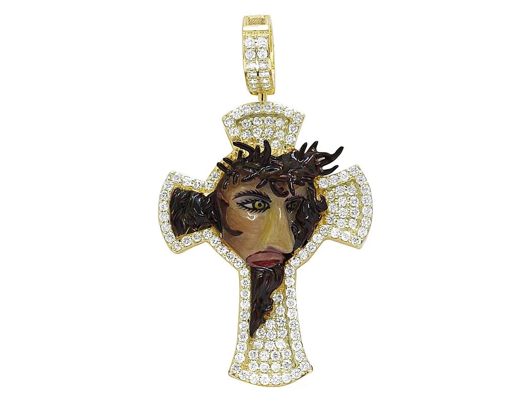 JESUS ENAMEL CROSS DIAMOND PENDANT 10K YELLO GOLD: Jesus Enamel Cross Diamond Pendant 10K Yello Gold Brand: None Type: Pendant Material: 10K Yellow Gold, Main Stone/Creation Natural Color: Yellow Gold Size: Dimension 2.5" Accessories: None