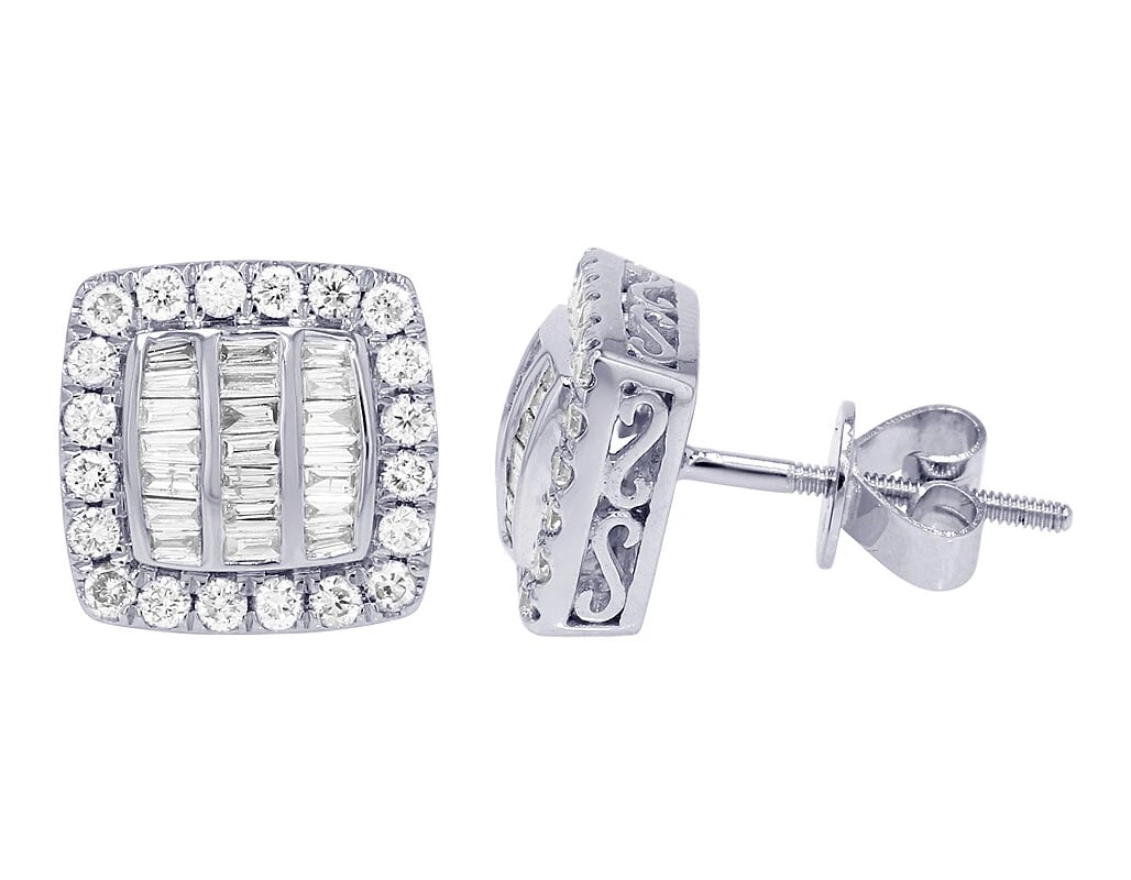 SQUARE BAGUETTE DIAMOND EARRINGS 14K WHITE GOLD (1 of 3)