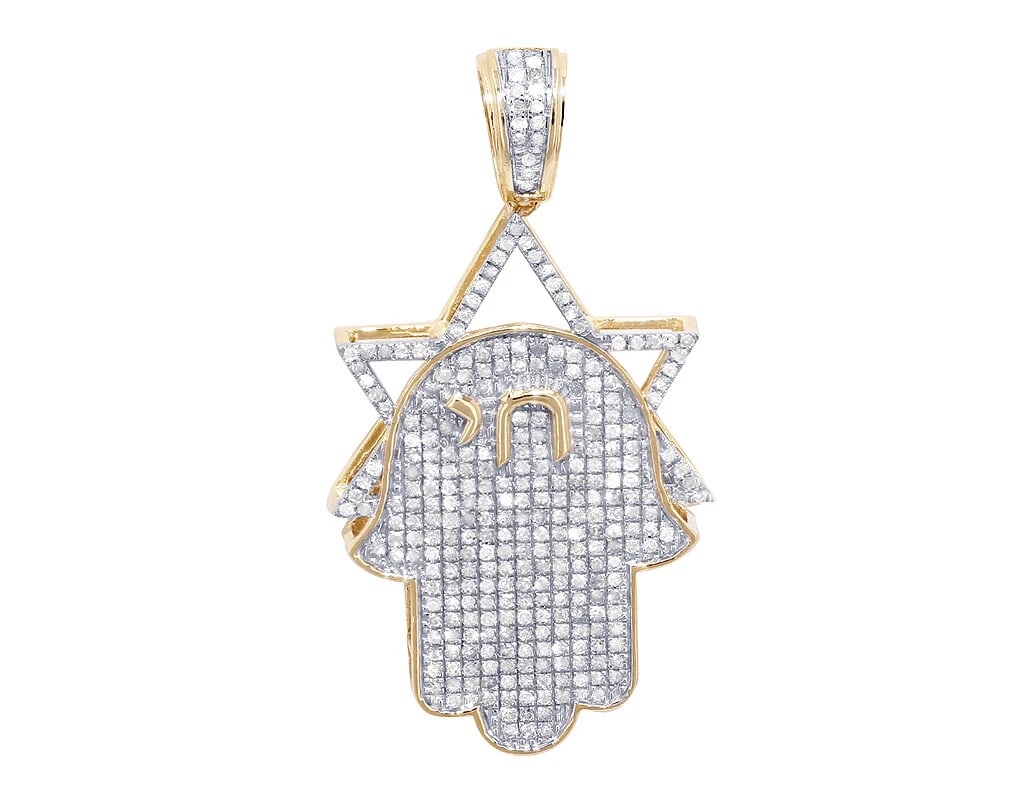 HAMSA STAR DIAMOND PENDANT 10K YELLOW WHITE GOLD: Hamsa Star Diamond Pendant 10K Yellow White Gold Brand: None Type: Pendant Material: 10K Multi-Tone Gold, Main Stone/Creation Natural Color: Multi-Tone Size: Dimension L 1.7" x W 0.9" x H 5mm Acce