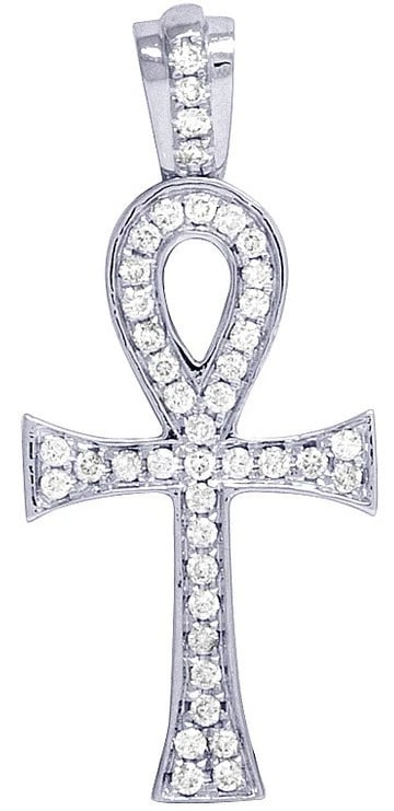 10K WHITE GOLD ANKH CROSS DIAMOND PENDANT CHARM: 10K White Gold Ankh Cross Diamond Pendant Charm Brand: None Type: Pendant Material: 10K White Gold, Main Stone/Creation Natural Color: White Gold Size: Dimension 1.4" Accessories: None Acc
