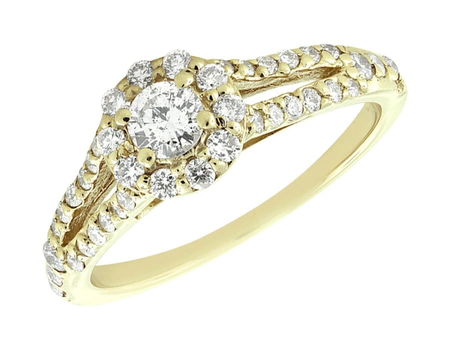 14K YELLOW GOLD HALO CLUSTER DIAMOND SPLIT SHANK RING: 14K Yellow Gold Halo Cluster Diamond Split Shank Ring Brand: None Type: Ring Material: 14K Yellow Gold, Main Stone/Creation Natural Color: Yellow Gold Size: 5 US Accessories: None Accessor