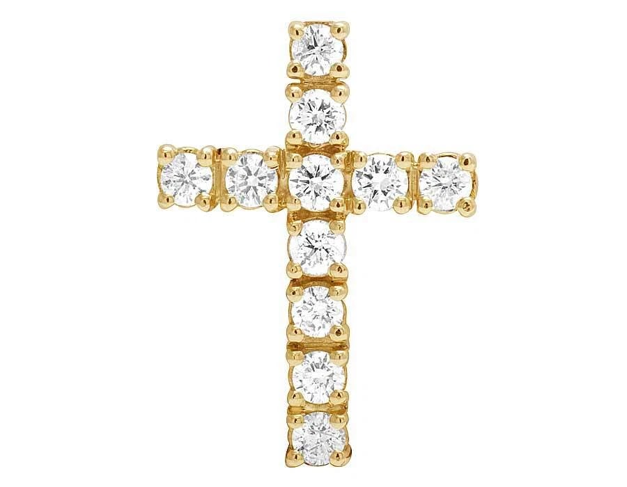 14K YELLOW GOLD DIAMOND ONE ROW SOLITAIRE CROSS PENDANT: 14K Yellow Gold Diamond One Row Solitaire Cross Pendant Brand: None Type: Pendant Material: 14K Yellow Gold, Main Stone/Creation Natural Color: Yellow Gold Size: Dimension 31MM Accessories: None <