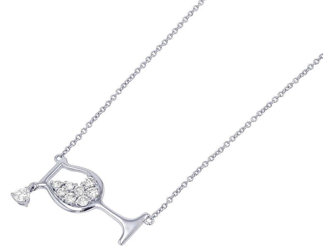 14K WHITE GOLD PEAR & ROUND CUT DIAMOND WINE GLASS NECKLACE: 14K White Gold Pear & Round Cut Diamond Wine Glass Necklace Brand: None Type: Necklace Material: 14K White Gold, Main Stone/Creation Natural Color: White Gold Size: Length 18" Width 1"mm Accessori