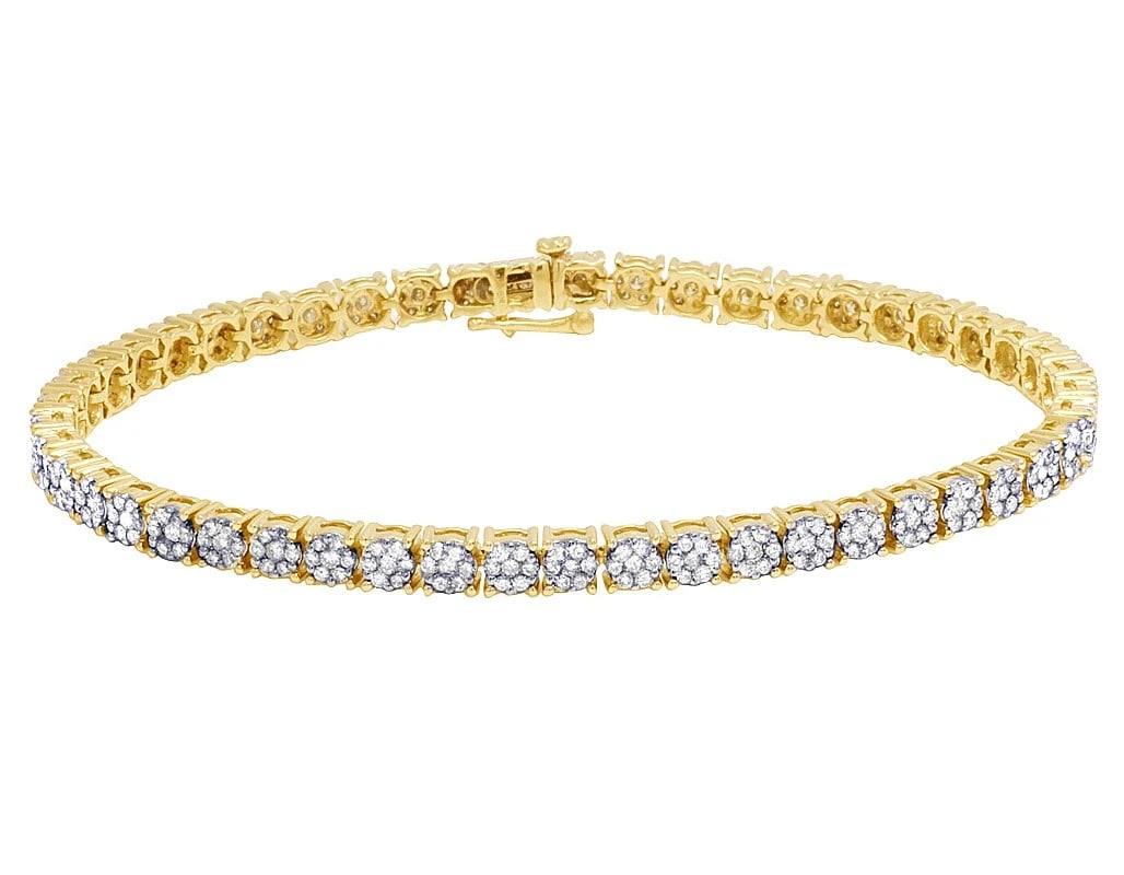 10K YELLOW GOLD GENUINE DIAMOND DESIGNER CLUSTER BRACELET: 10K Yellow Gold Genuine Diamond Designer Cluster Bracelet Brand: None Type: Bracelet Material: 10K Yellow Gold, Main Stone/Creation Natural Color: Yellow Gold Size: Length 8.5 in Width 5mm Accesso