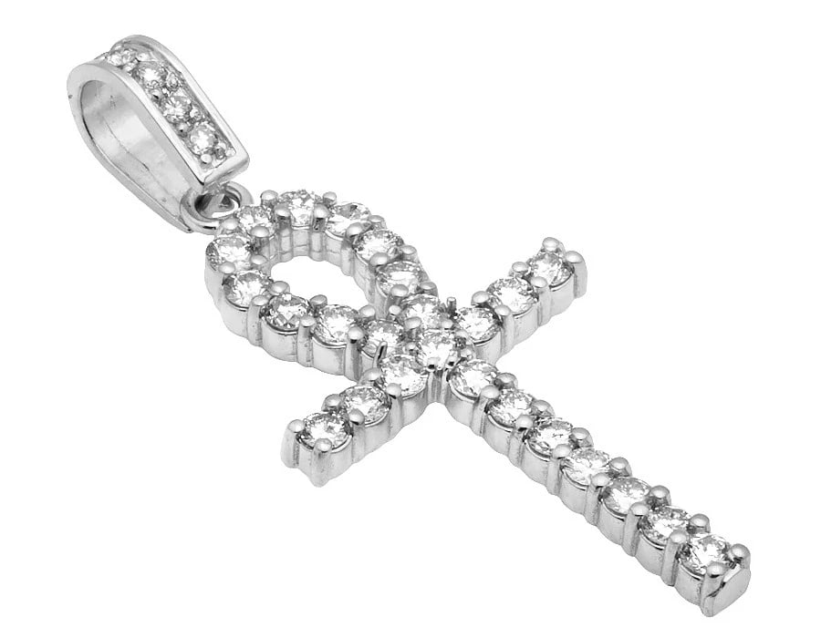 14K WHITE GOLD ANKH CROSS ONE ROW DIAMOND PENDANT CHARM: 14K White Gold Ankh Cross One Row Diamond Pendant Charm Brand: None Type: Pendant Material: 14k White Gold, Main Stone/Creation Natural Color: White Gold Size: Dimension 51mmX22MM (approx 2 inch)
