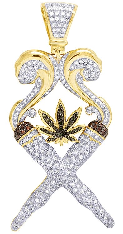 DIAMOND MARIJUANA CHARM FIRE 10K YELLOW GOLD PENDANT: Diamond Marijuana Charm Fire 10K Yellow Gold Pendant Brand: None Type: Pendant Material: 10k Yellow Gold, Main Stone/Creation Natural Color: Yellow Gold Size: Dimension 2.5" Accessories: None