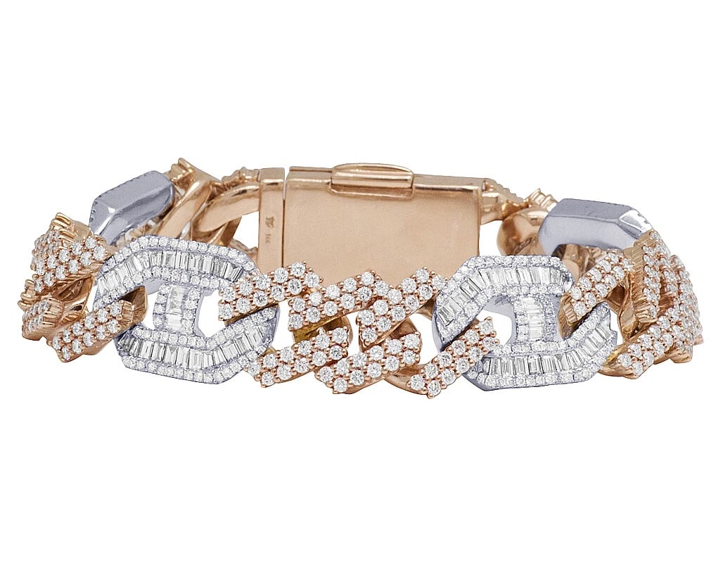 MEN 10K TWO-TONE WHITE/ROSE GOLD BAGUETTE MARINER CUBAN BRACELET: Men 10K Two-Tone White/Rose Gold Baguette Mariner Cuban Bracelet Brand: None Type: Bracelet Material: 10k Multi-Tone Gold, Main Stone/Creation Natural Color: Multi-Tone Size: Dimension 16MM 8" Acc
