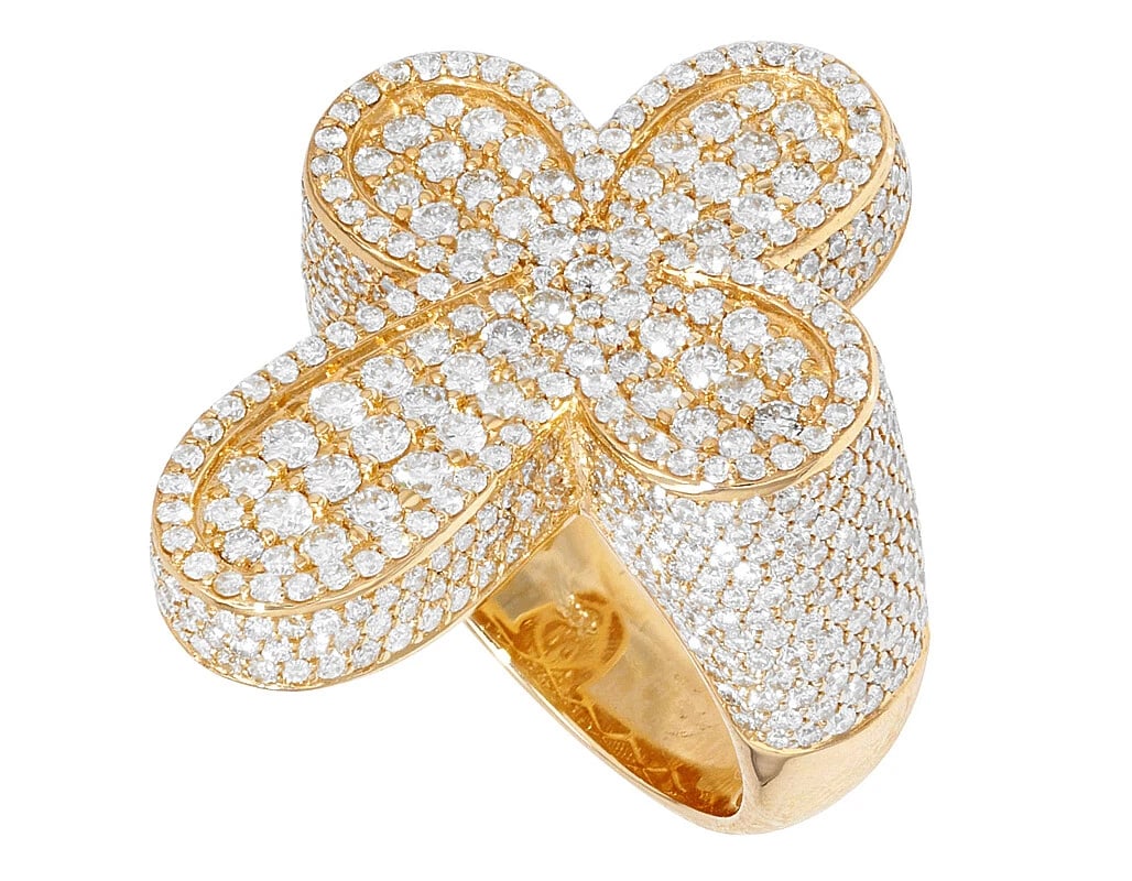 PAVE' SET FLOWER SHAPED CROSS DIAMOND 3D PINKY RING GOLD (1 of 3)