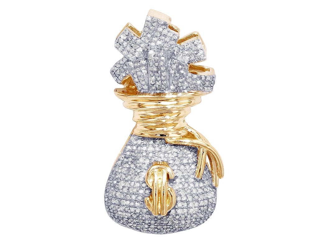 MONEY BAG DIAMOND PENDANT 10K YELLOW GOLD: Money Bag Diamond Pendant 10K Yellow Gold Brand: None Type: Pendant Material: 10K Yellow Gold, Main Stone/Creation Natural Color: Yellow Gold Size: Dimension 1.4" Accessories: None Accesso